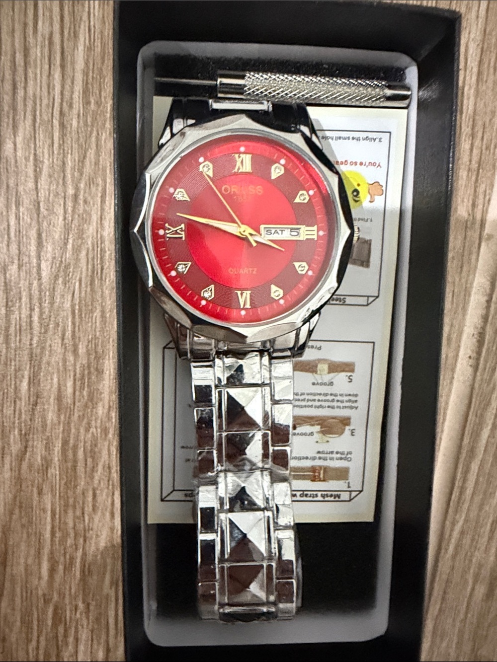 Oris Red Dial Silver Metal Bracelet Watch with Day-Date